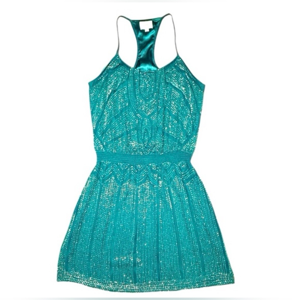 Parker Mini Dress Womens Small Teal Sequin Holiday Party Event Glam NYE - Picture 2 of 8